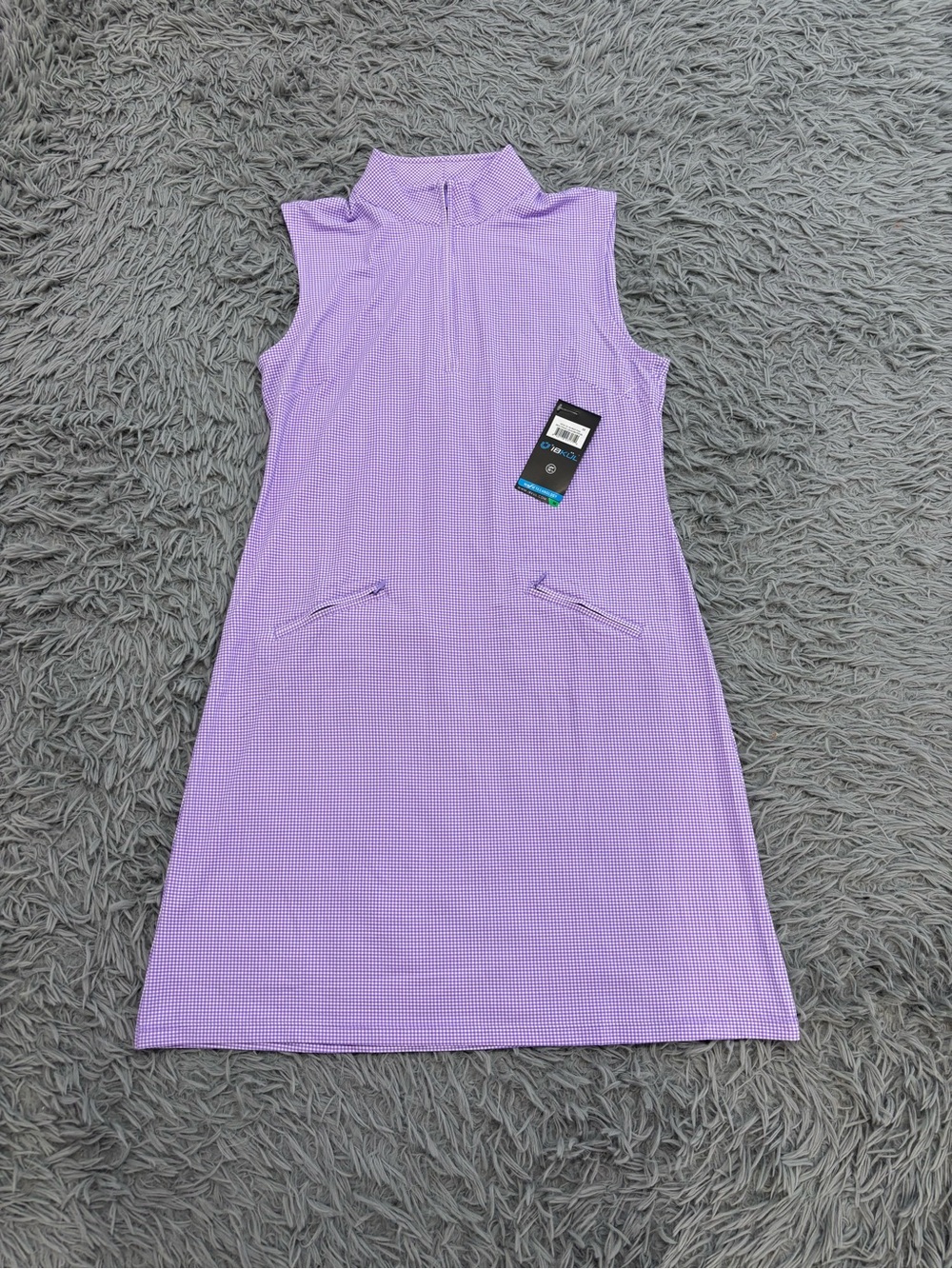 NEW Ibkul Women’s Purple Mini Check Sleeveless Zip Mock Neck Dress Medium Active